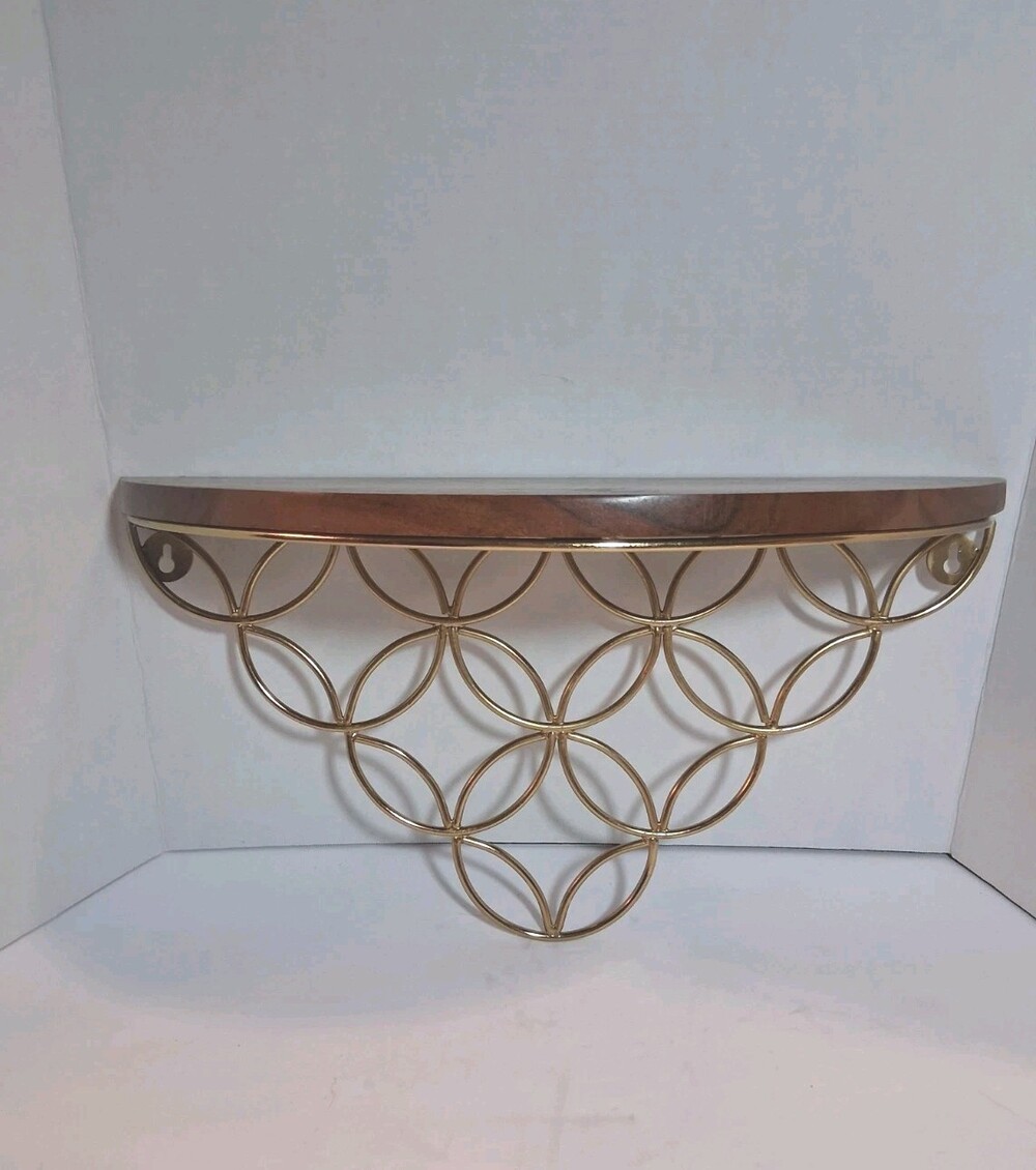 Modern Gold Geometric Wall Shelf Wood Top Interlocking Rings Floating Display